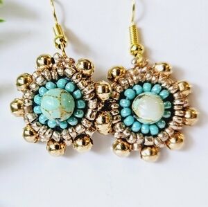 Turquoise + Gold Mini Shield Beaded Indigenous Hoop Earrings | Handmade